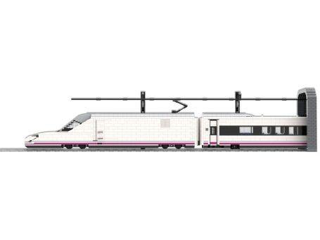 Tren Alta Velocidad Talgo 350 S102 Renfe MOC Lego - Vista lateral Tren de alta velocidad Talgo 350 S102 en un andén, con un diseño blanco y rosa.