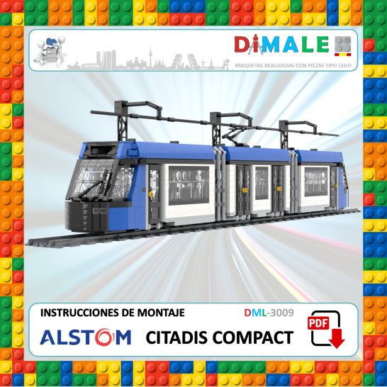 Tram de juguete Citadis Compact de Alstom, instrucciones de montaje en fondo colorido.
