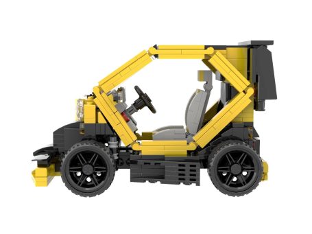 Renault Twizy Sport F1 MOC Lego - Vista lateral Vehículo de juguete de construcción con detalles en amarillo y negro.
