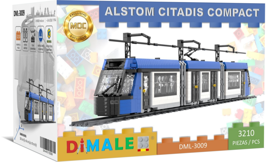 Tranvía Alstom Citadis Compact juego construcción Lego MOC Modelo a escala de un tranvía Alstom Citadis Compact con colores azul y blanco.