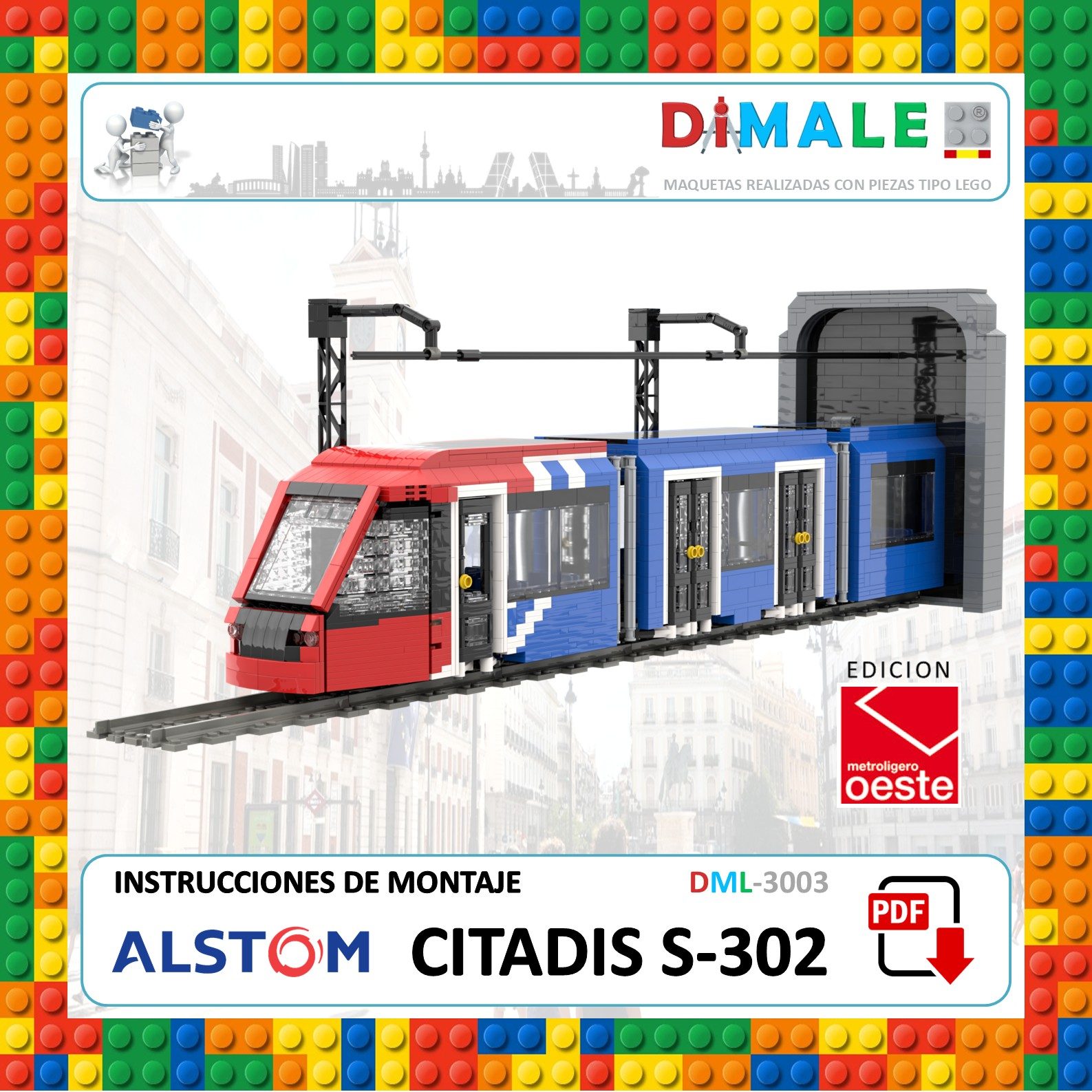 Maqueta de tranvía Citadis S-302 en bloques de construcción con instrucciones de montaje.