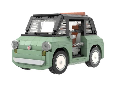 Coche Fiat Topolino Dolce Vita MOC Lego - Vista exterior Coche de juguete de bloques de construcción, color verde con detalles en marrón.
