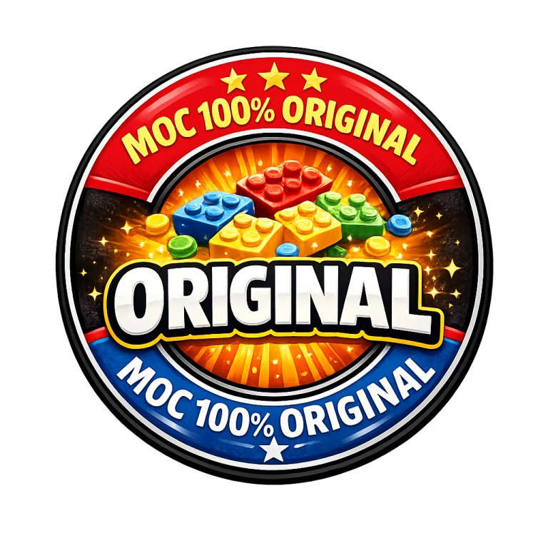 Etiqueta con el texto "100% original" y bloques de colores sobre un fondo festivo.