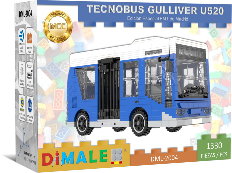 Tecnobús Gulliver U520 juego construcción Lego MOC Modelo de autobús azul y blanco para construcción de bloques, con 1130 piezas.