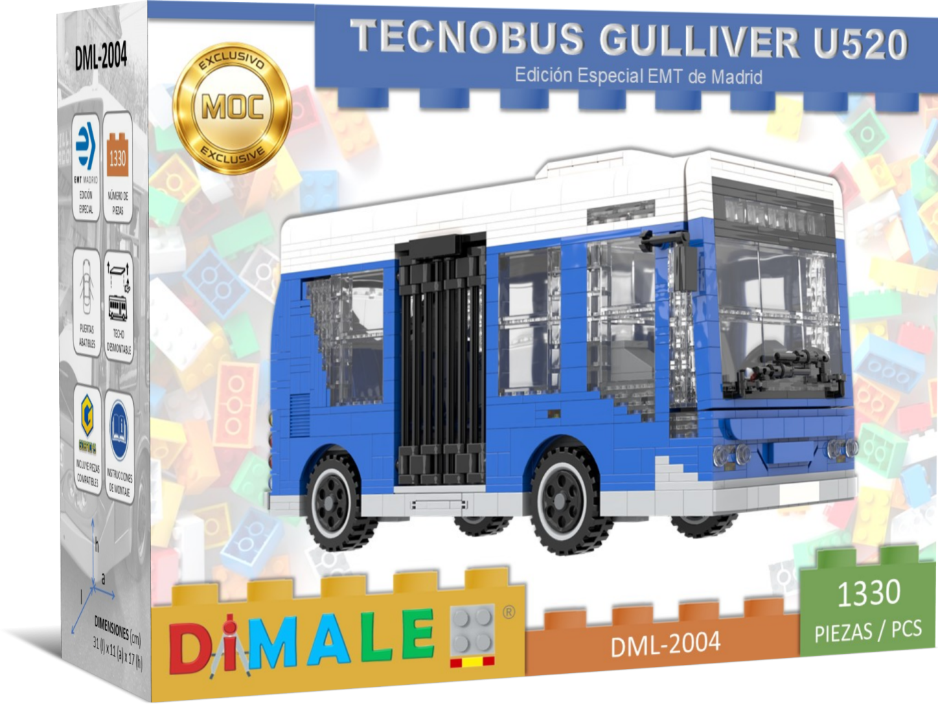 Minibús Tecnobús Gulliver U520 set MOC juego de construcción Lego Maqueta del autobús Tecnobus Gulliver U520 en colores azul y blanco.