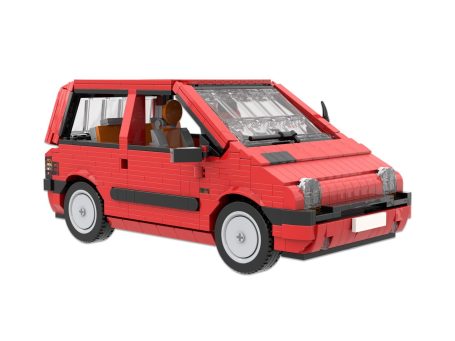 Coche Renault Twingo 1992 MOC Lego - Vista exterior Coche pequeño rojo con ventanas y asientos marrones, visto de lado.