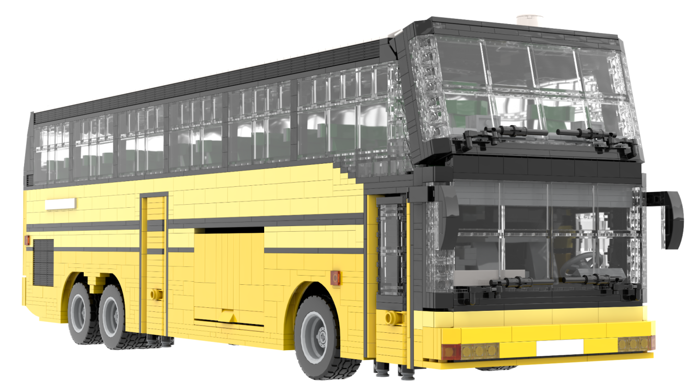 Autobús de dos pisos amarillo y negro aparcado en una terminal.