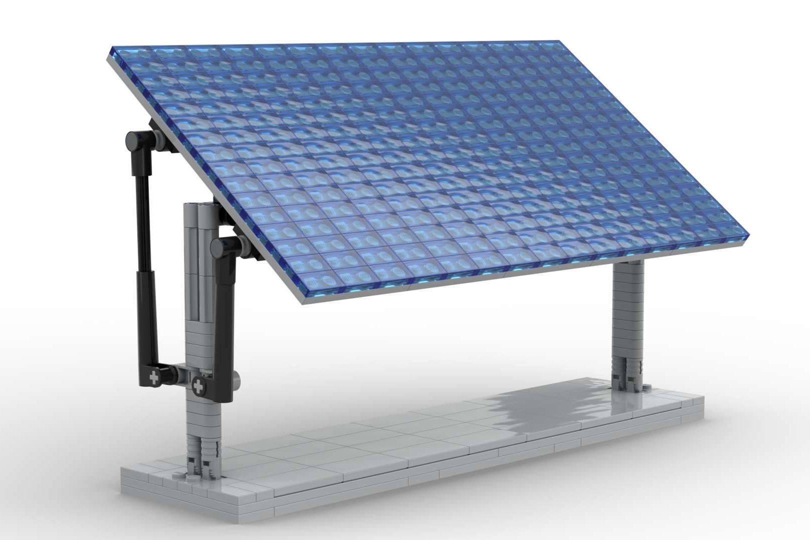 Panel solar fotovoltaico MOC Lego Panel solar con múltiples celdas fotovoltaicas sobre una estructura metálica.