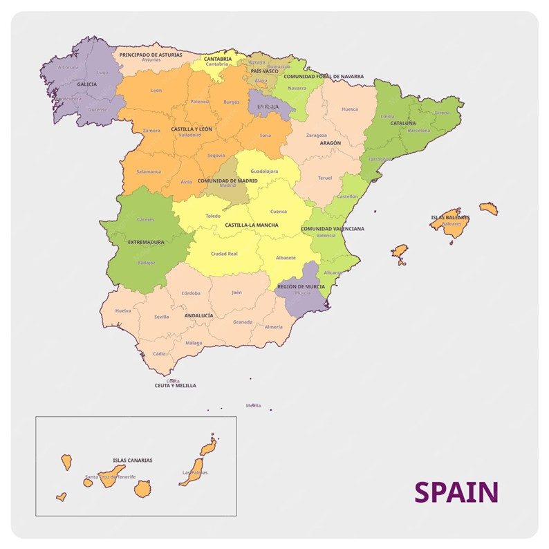 Envíos a España Mapa de España con divisiones territoriales en colores.