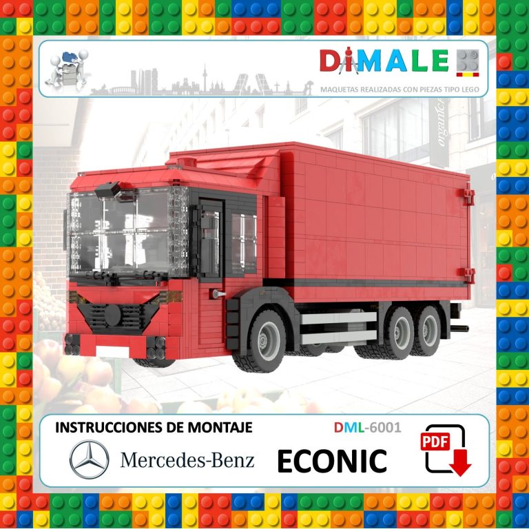 Camión de juguete rojo Mercedes Benz Econic con instrucciones de montaje.