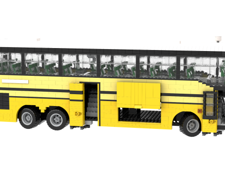 Sunsundegui Vardino Volvo Continental-Auto MOC Lego - Puertas abiertas Autobús amarillo de dos pisos con escaleras y área de pasajeros en la parte superior.