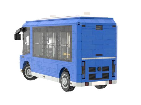 Rampini Wolta MOC Lego - Parte trasera Minibús azul de juguete con detalles en negro y ventanas transparentes.