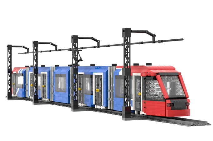 Alstom Citadis S302 Madrid (5 módulos) - III Tren urbano de varios vagones coloridos, con detalles en rojo y azul.