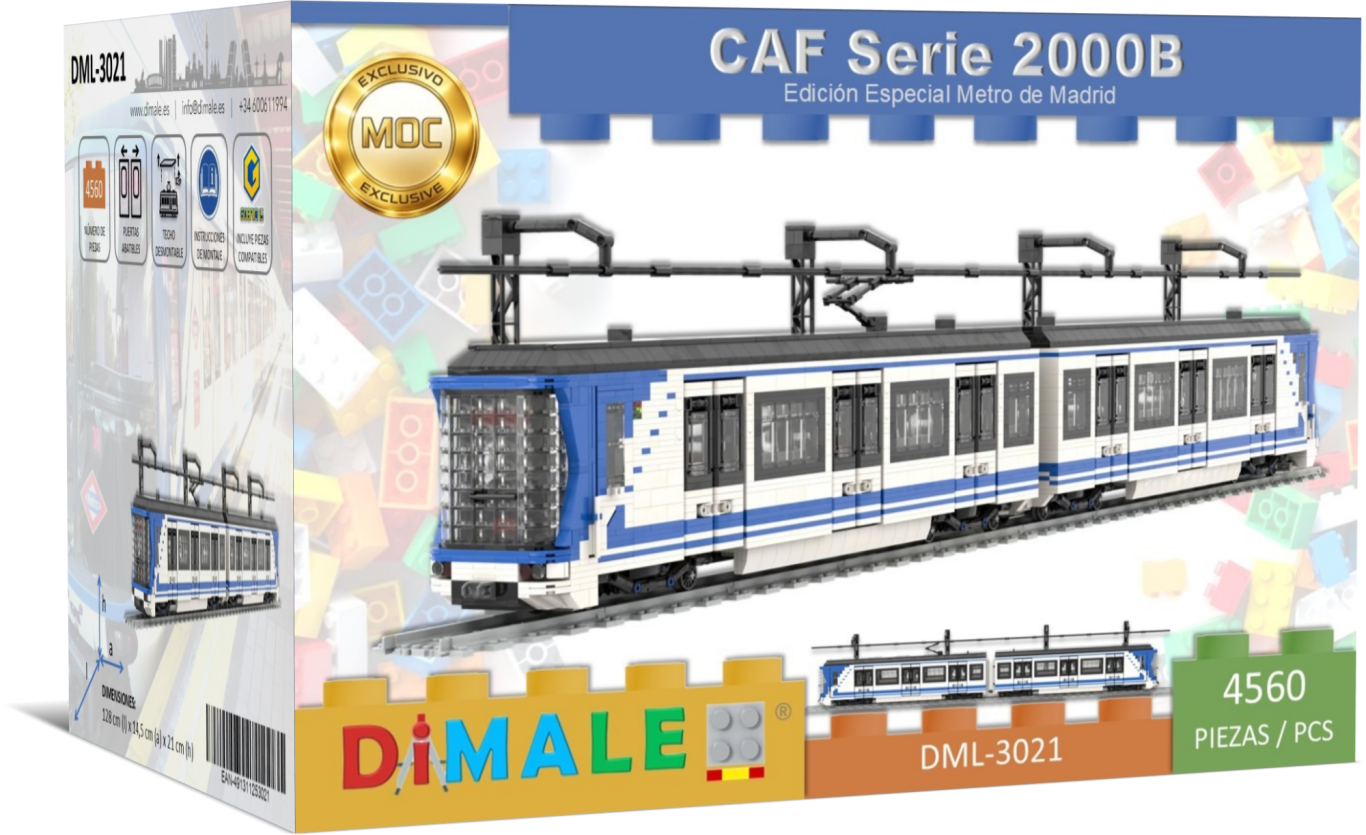 Tren modelo CAF Serie 2000B en caja de construcción de bloques, colores azul y blanco.