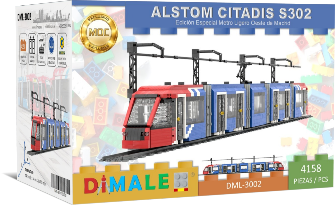 Tranvía Alstom Citadis S302 MLO Madrid juego construcción Lego MOC Maqueta de tren Alstom Citadis S302 en colores rojo, azul y blanco. Incluye piezas de construcción.