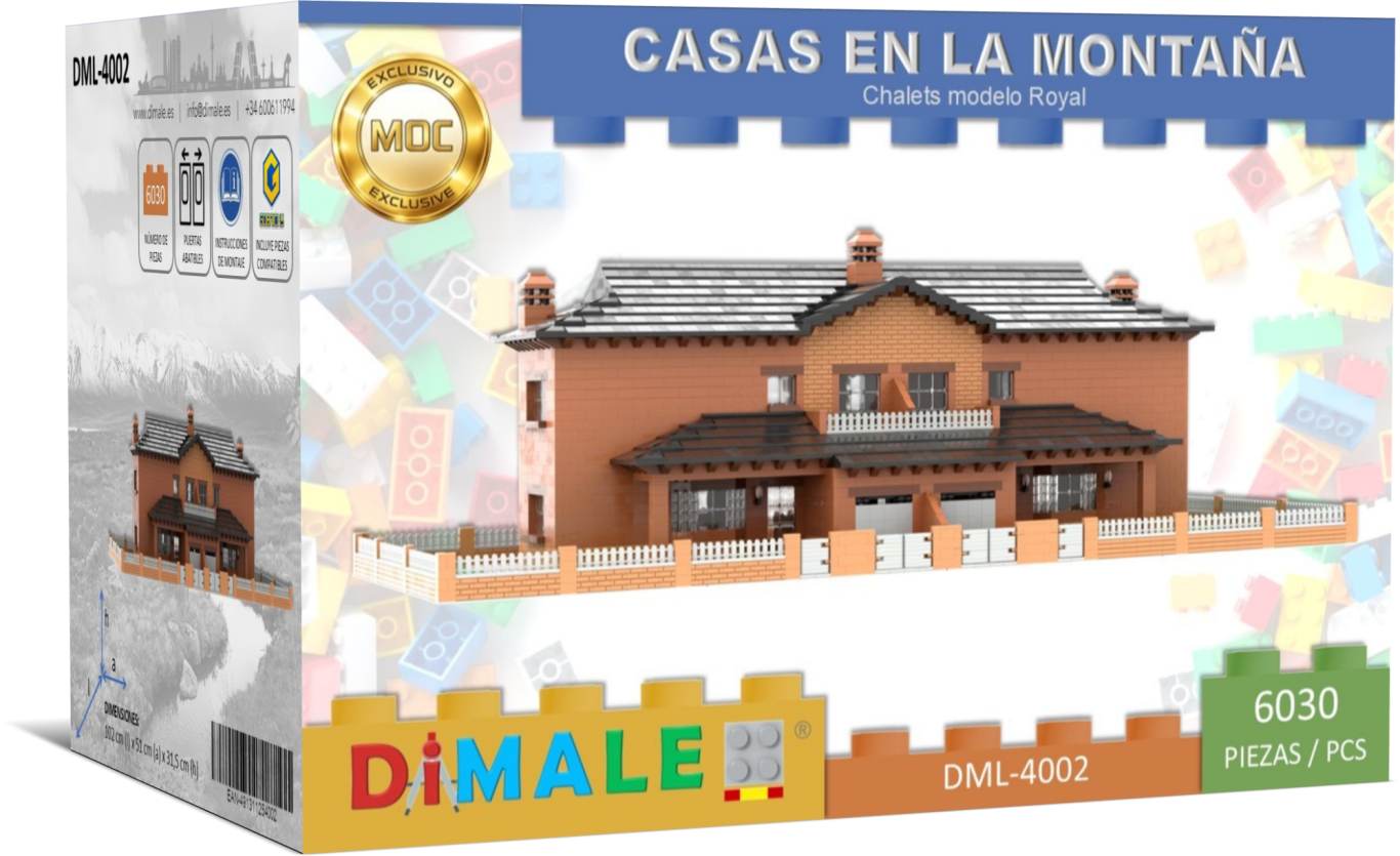 Caja de un juego de construcción que representa casas en la montaña.