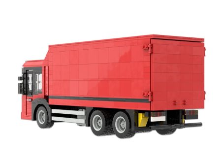 Mercedes Benz Econic MOC Lego - Parte trasera Camión grande de color rojo con caja de carga en la parte trasera.