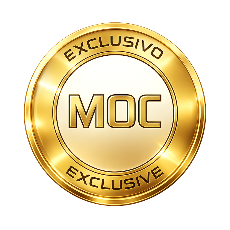 Sello dorado con el texto "EXCLUSIVO" y "MOC" en su interior.