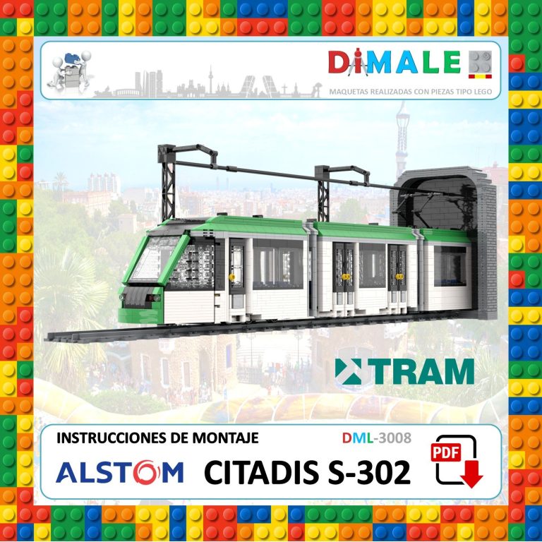 Maqueta de un tranvía Citadis S-302 con instrucciones de montaje.