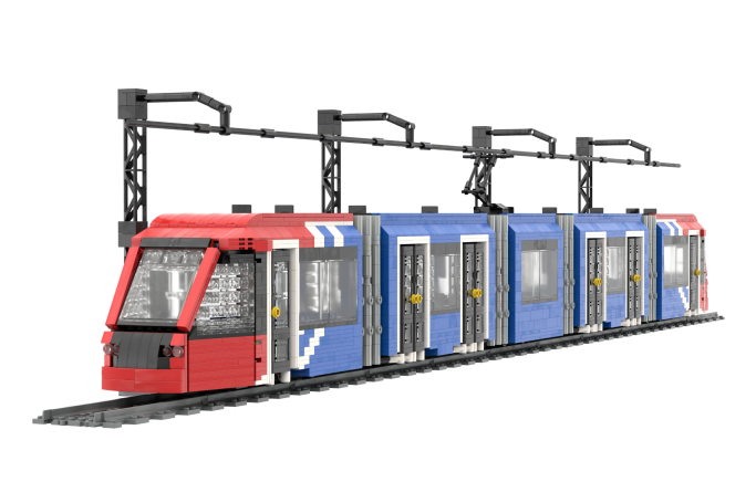 Alstom Citadis S302 Madrid (5 módulos) - I Tren de modelo en colores rojo y azul, con detalles en puertas y vía eléctrica.