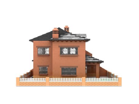 Casas en la montaña MOC Lego - Vista exterior 2 Casa de dos plantas de ladrillo con tejado a dos aguas y valla blanca.