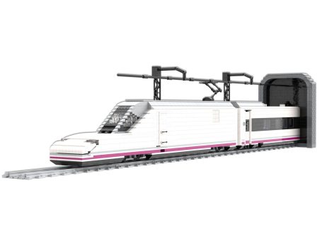Tren Alta Velocidad Talgo 350 S102 Renfe MOC Lego - Vista exterior Tren de alta velocidad Talgo 350 S102 blanco con detalles en rosa saliendo de un túnel.