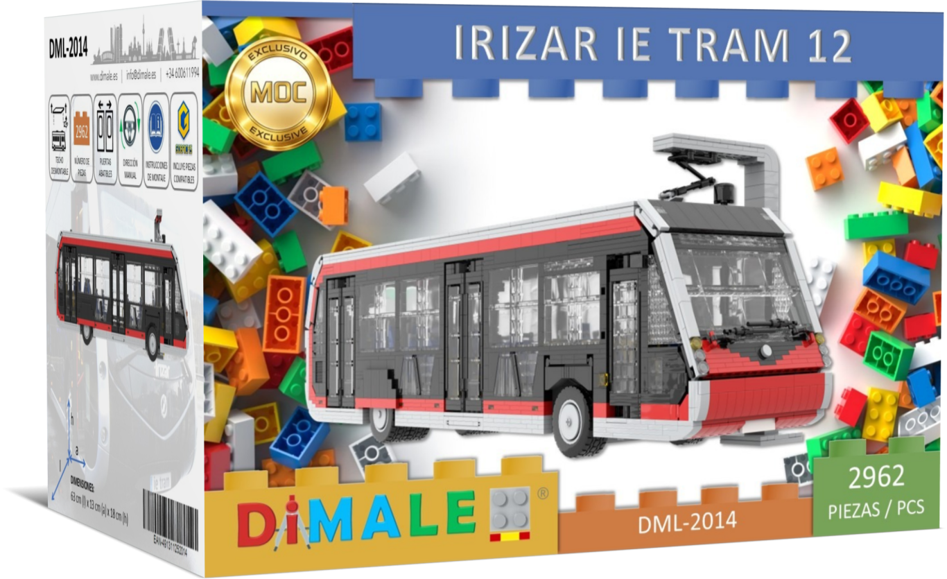 Autobús Irizar ie Tram 12 MOC Lego Maqueta de un tranvía Irizar IE Tram 12 con piezas de construcción alrededor.