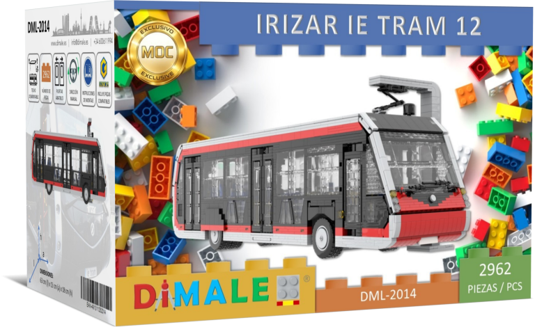 Irizar ie Tram 12 juego construcción Lego MOC Maqueta del tranvía Irizar IE Tram 12, con piezas de construcción coloridas alrededor.