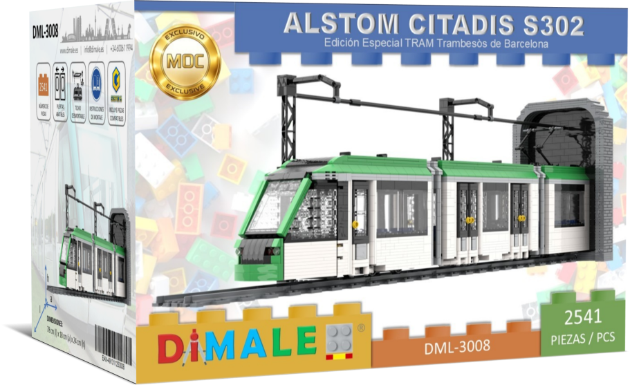 Maqueta del tranvía Citadis S302, con detalles y piezas visibles en la caja.