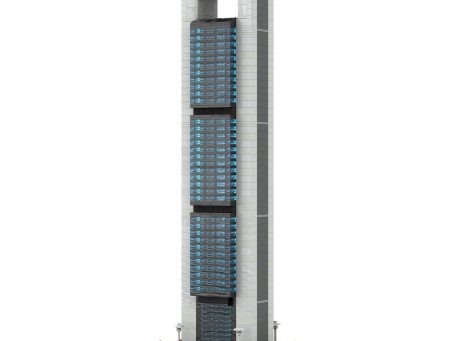 Estructura vertical con paneles iluminados en tonos azul y gris.