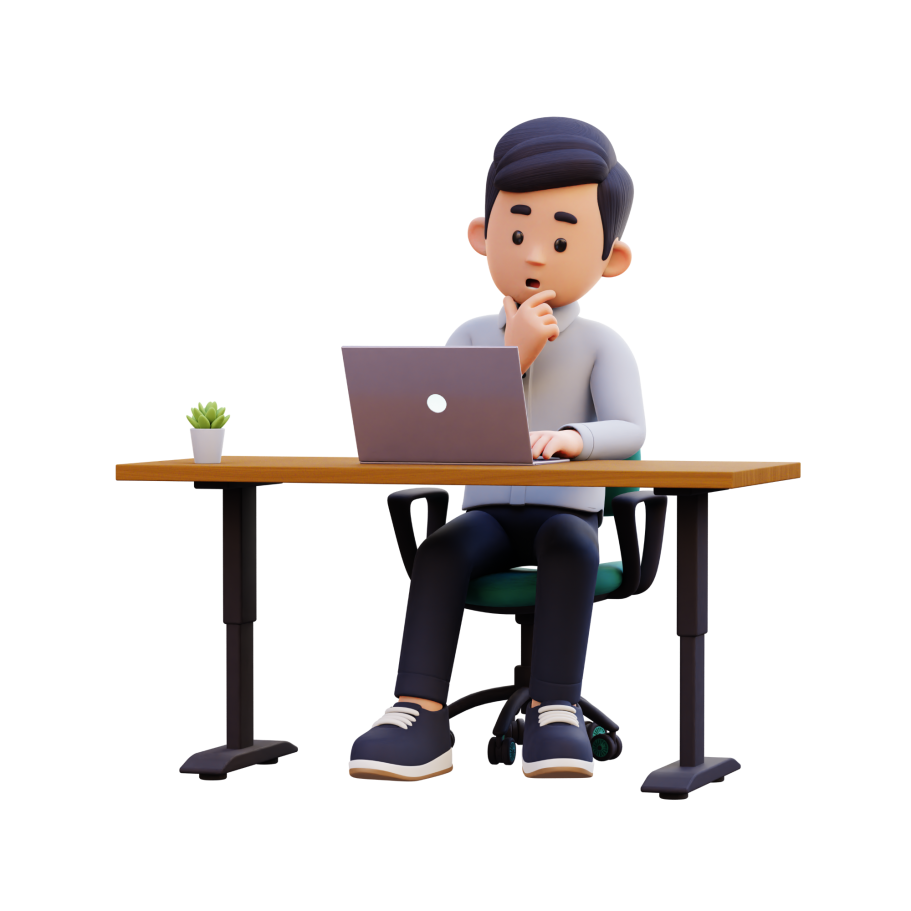 Hombre sentado en una silla frente a una laptop, pensativo, con una planta en el escritorio.