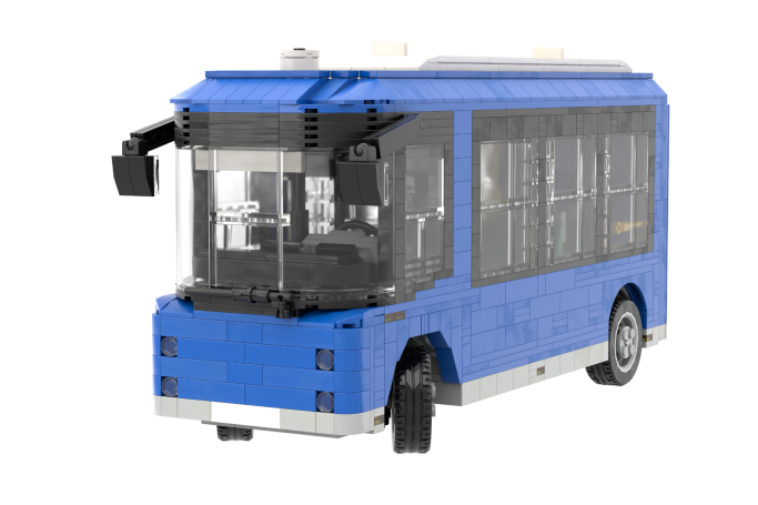 Autobús de juguete en color azul, construido con piezas de Lego.