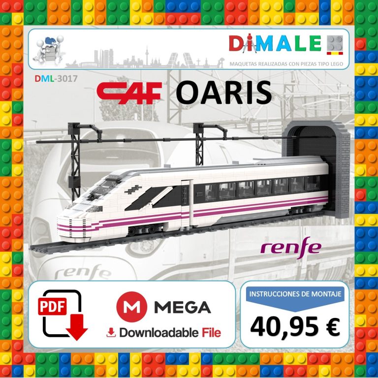 Modelo de tren Oaris de CAF, con logo de RENFE y precio de 40,95 €. Fondo de bloques de colores.
