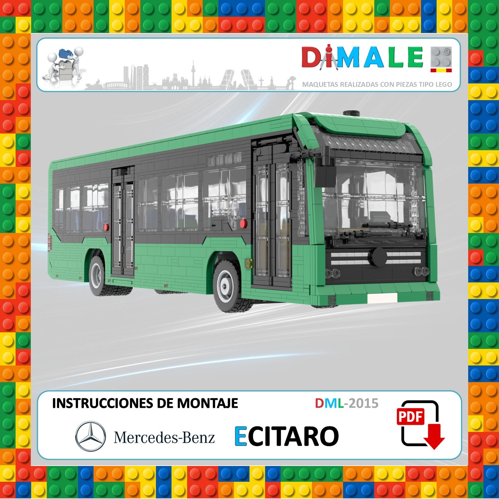 Autobús eléctrico Mercedes-Benz eCitaro en un fondo colorido de bloques de construcción.