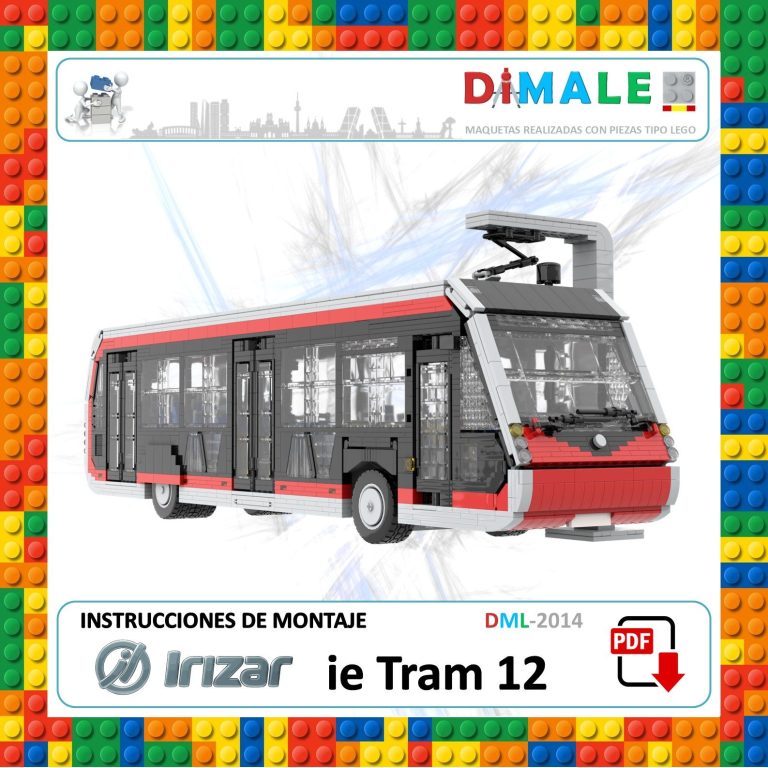 Tram tipo 12 de Inzar con diseño técnico y fondo de bloques de colores.