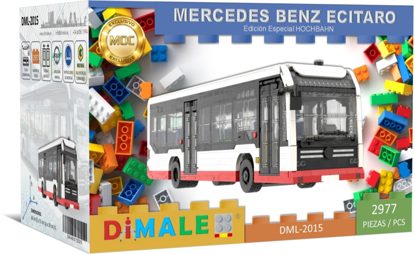 Autobús Mercedes Benz Ecitaro Hochbahn MOC Lego Caja de un modelo de autobús Mercedes Benz Ecitaro, con piezas de construcción de colores.