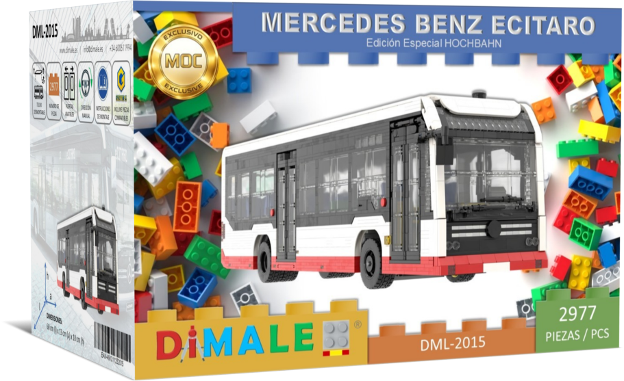 Mercedes Benz Ecitaro juego construcción Lego MOC Caja de construcción de un autobús Mercedes Benz Ecitaro con bloques de colores.