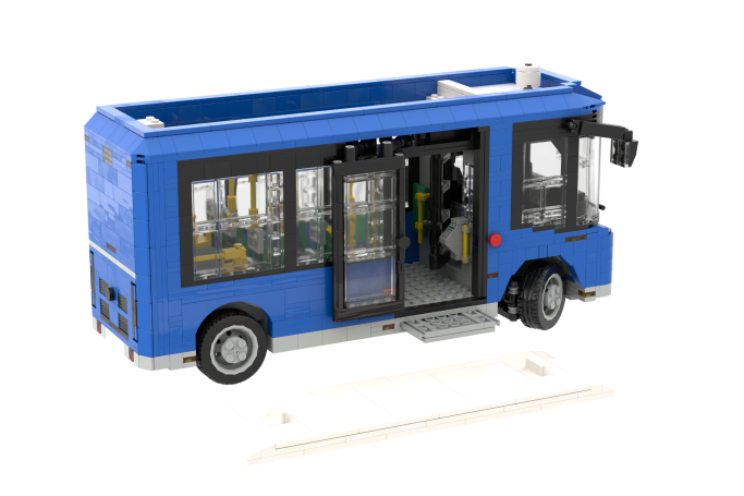 Autobús azul con puertas abiertas y detalles interiores visibles.
