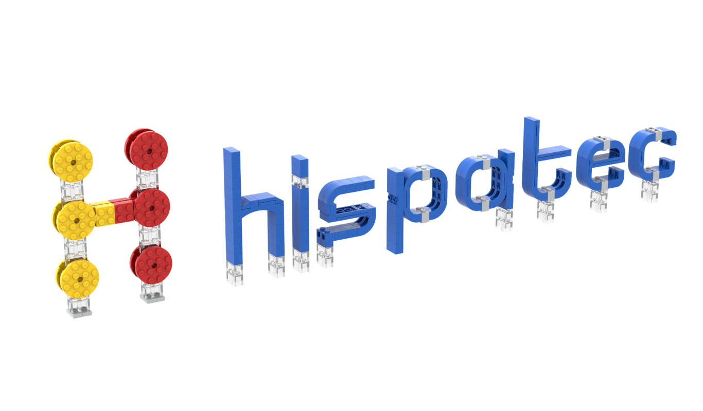 Texto "hispatec" en colores azul, rojo y amarillo con una estructura molecular a la izquierda.
