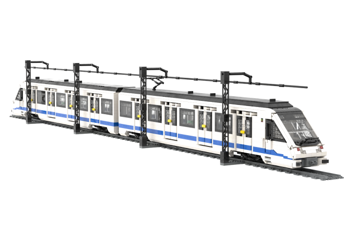 CAF serie 8000 (2 módulos) - III Tren moderno de cercanías con esquema de colores blanco y azul en vía elevada.