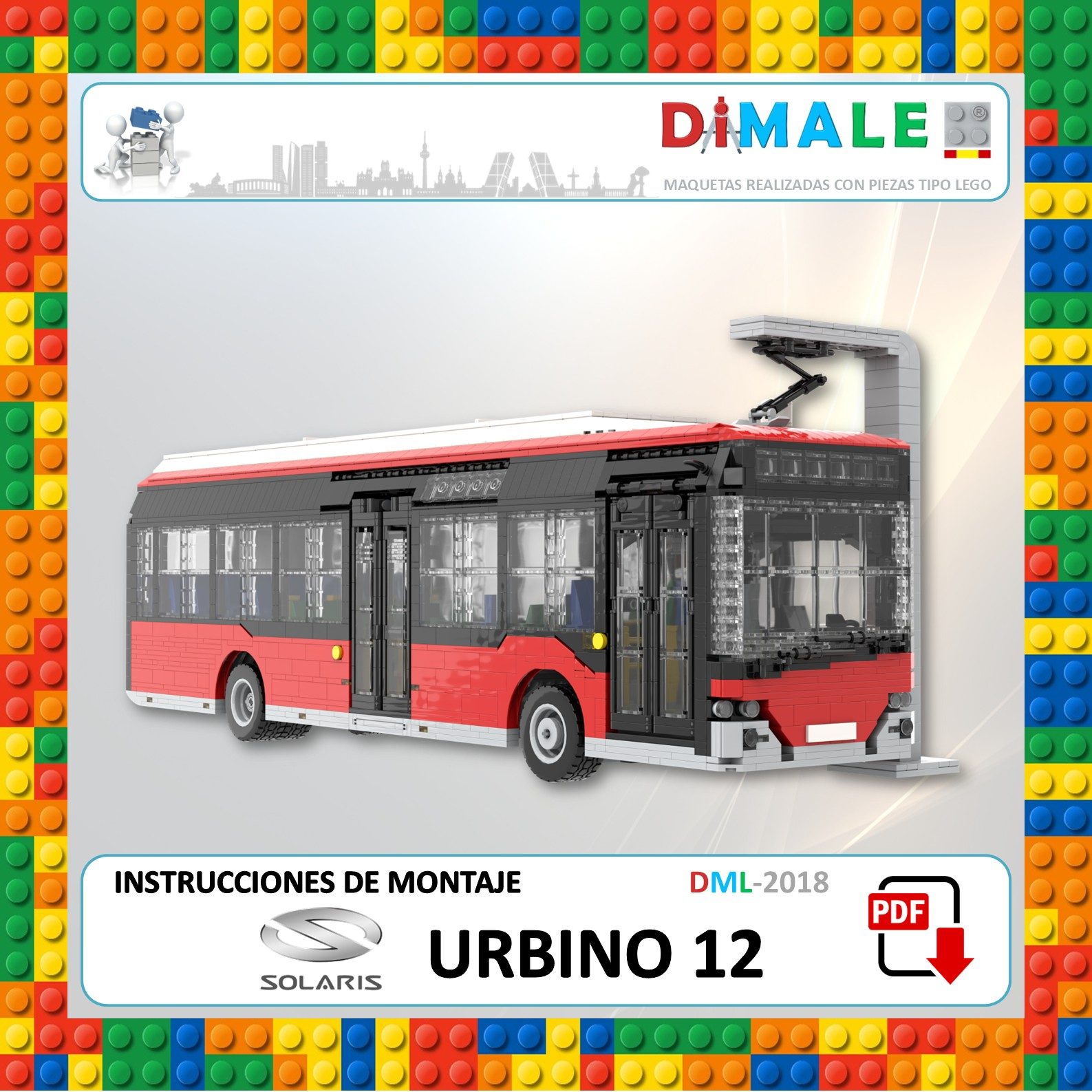 Autobús urbano Solaris Urbino 12 con instrucciones de montaje en fondo colorido de bloques.