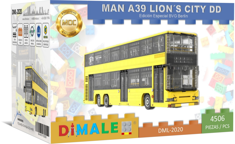 MAN Lions City A39 DD juego construcción Lego MOC Maqueta de autobús de dos pisos MAN A39 Lion's City DD en caja colorida.