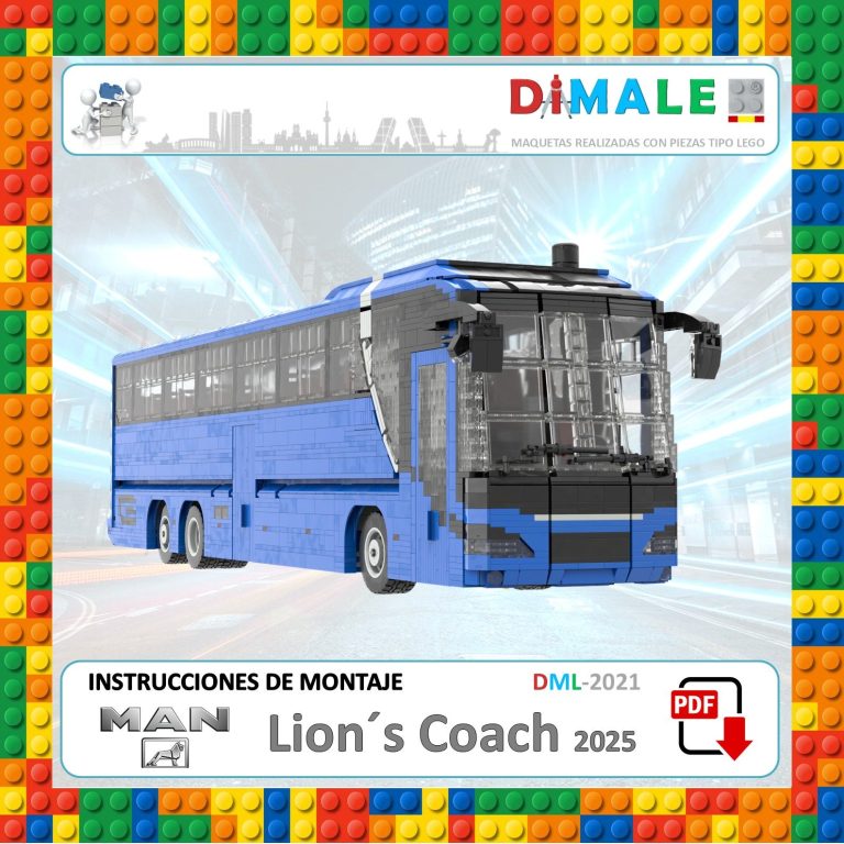 Autobús azul modificado de Lego, titulado "Lion's Coach", con instrucciones de montaje.