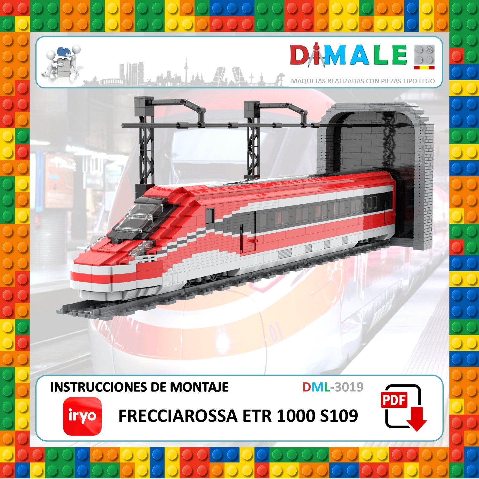 Tren modelo Frecciarossa ETR 1000 en una estación de tren de juguete.