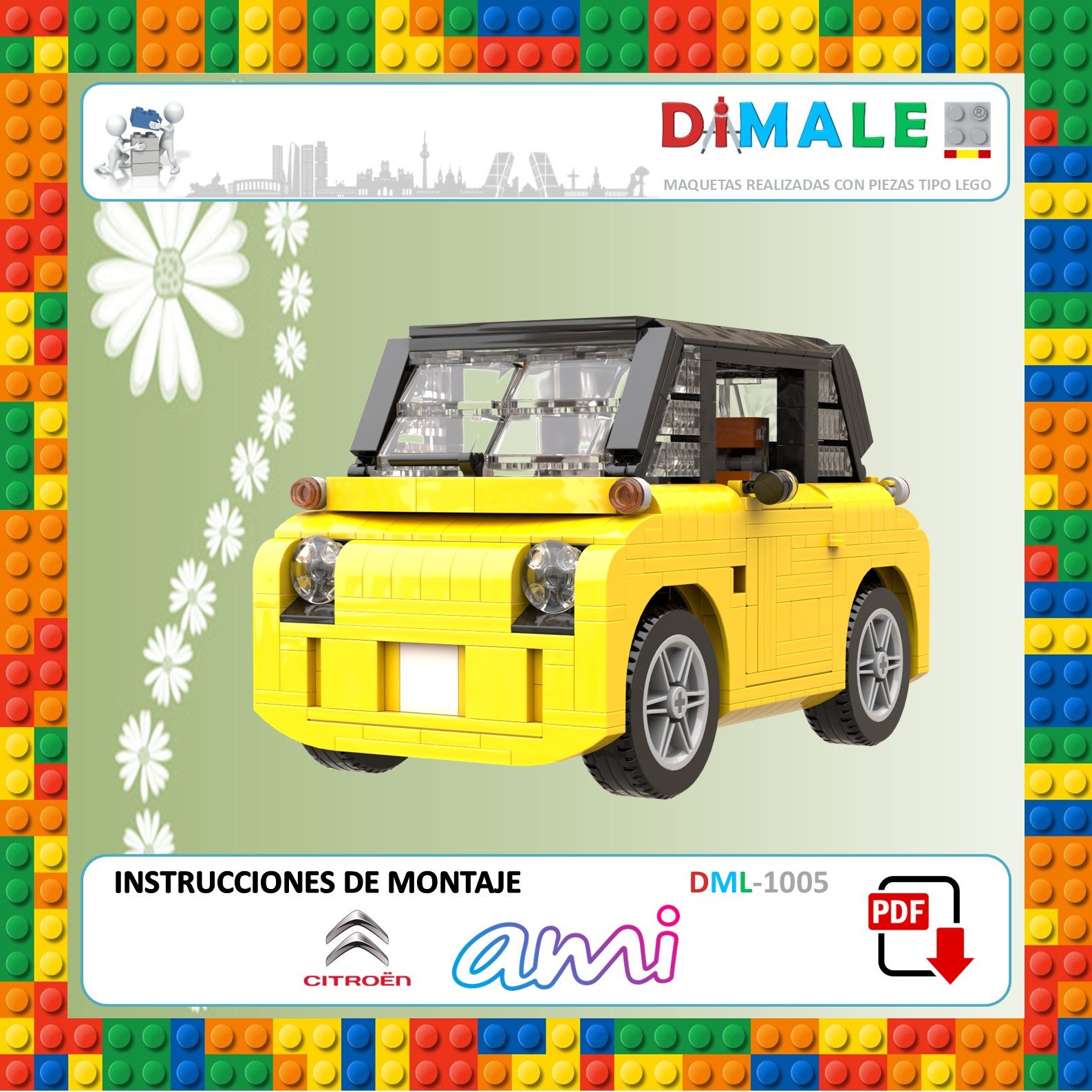 Coche amarillo de juguete de construcción, con ventanas y ruedas visibles.