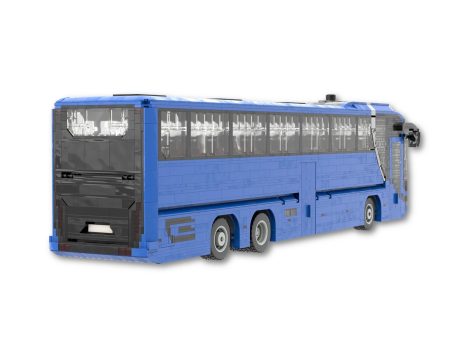 Autobús MAN Lions Coach MOC Lego - Parte trasera Autobús azul de gran tamaño, vista trasera con ventanas en el lateral.