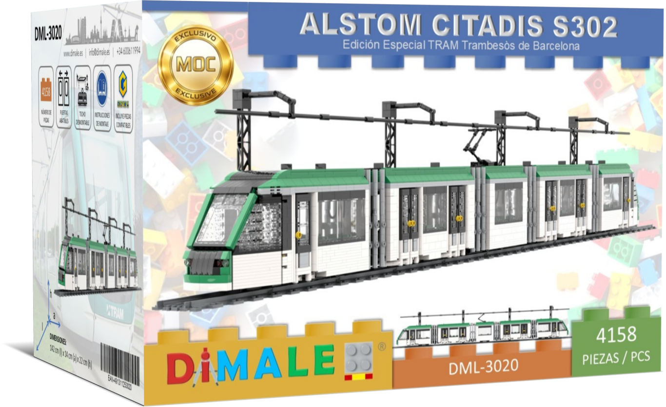 Tranvía Alstom Citadis S302 Barcelona juego construcción Lego MOC Tren modelo Alstom Citadis S302 en su embalaje, con colores vibrantes y detalles del producto.