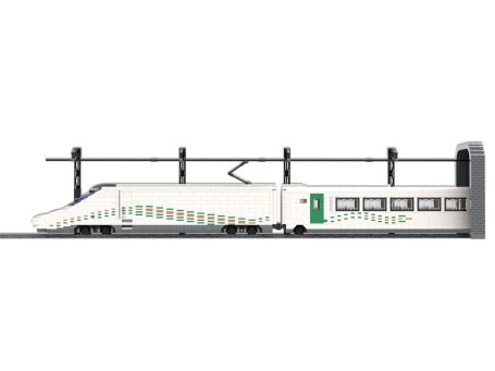 Tren Alta Velocidad Talgo 350 SRO AVRIL MOC Lego - Vista lateral Tren de alta velocidad Talgo 350 SRO AVRIL en color blanco con detalles verdes, en un andén.