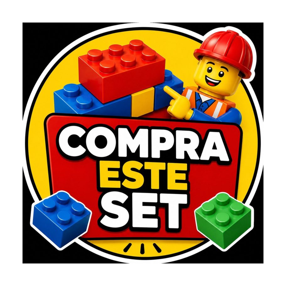 Personaje de LEGO con casco y chaleco señalando un set de bloques de colores.