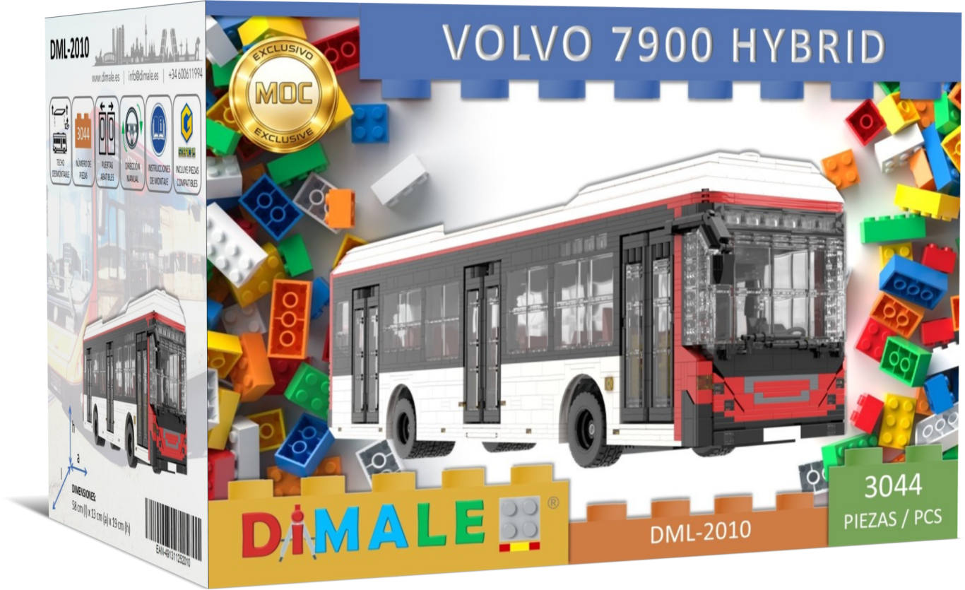 Volvo 7900 Hybrid TMB Barcelona MOC Lego Maqueta de un autobús Volvo 7900 híbrido con piezas de construcción alrededor.